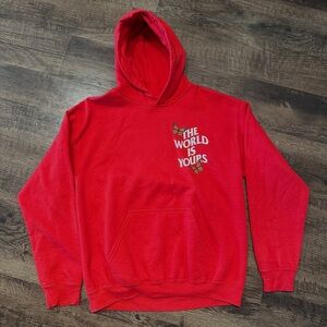 Red Graphic Hoodie with Text and Butterfly Design